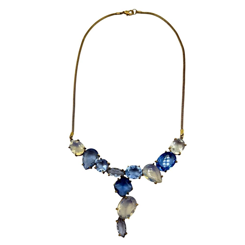 Modern Elegant Glass Blue Opalescent Asymmetrical Gold Tone 16" Fashion Necklace